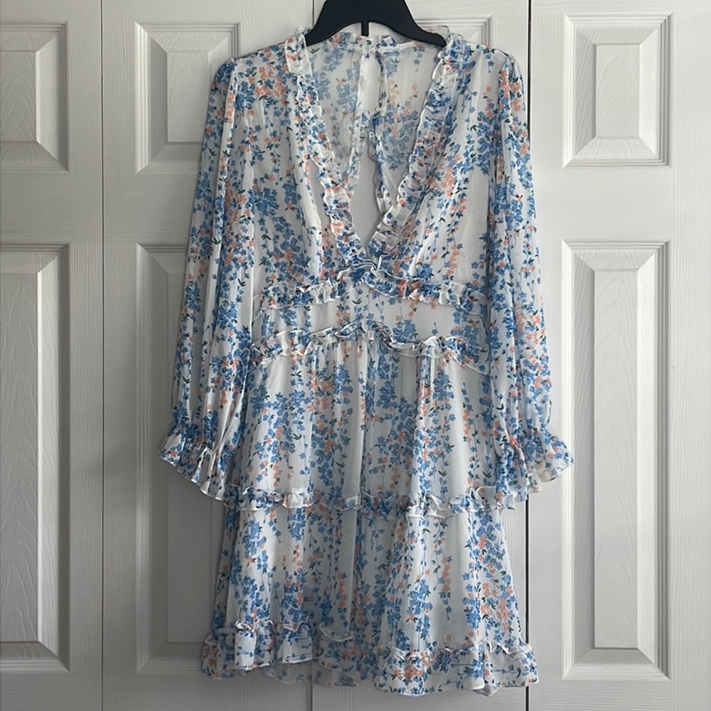 Mini long sleeve blue floral dress